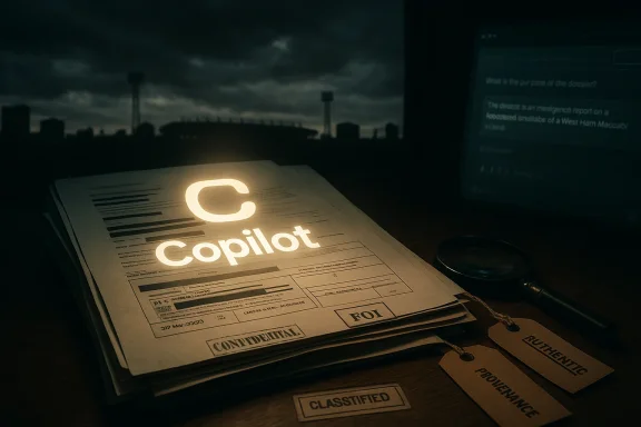 Confidential documents glow with a Copilot logo beside a magnifying glass and classified tags.