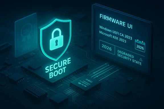 Glowing shield icon for Secure Boot beside a firmware UI panel on a circuit board.