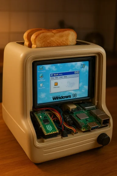 A vintage toaster-style computer with two slices of toast on top and a Windows 98 screen.