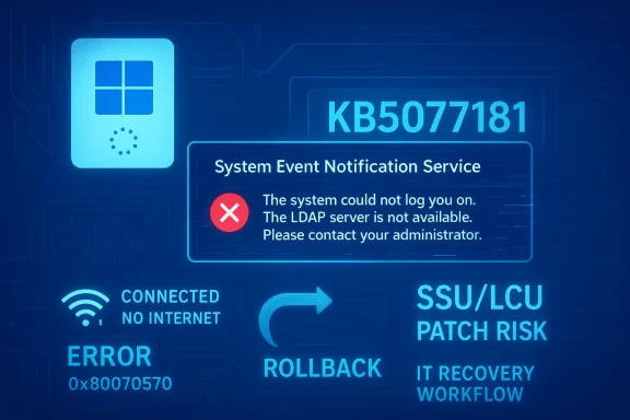 Blue digital screen shows a System Event Notification Service error: LDAP server not available.