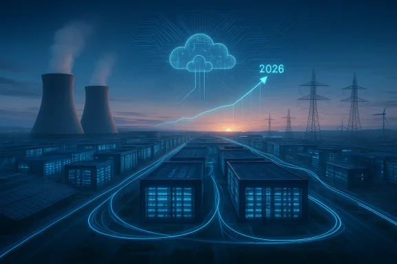 Futuristic data center at dusk with glowing blue servers, cloud icon, and a rising 2026 forecast.