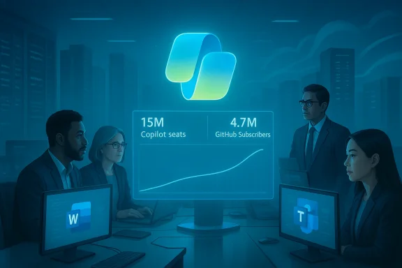 Team reviews a dashboard showing 15M Copilot seats and 4.7M GitHub subscribers.