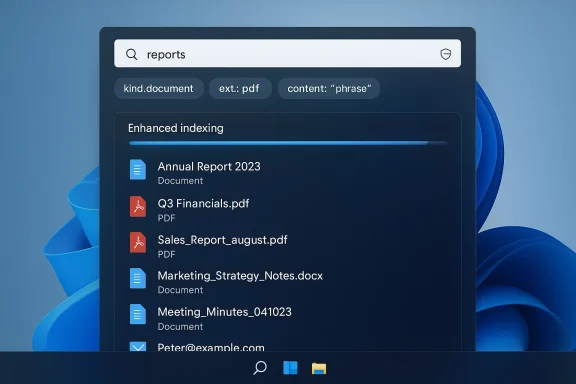 Search results for 'reports' show documents under Enhanced indexing on a dark desktop UI.