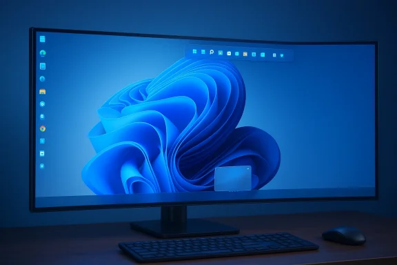 Curved widescreen monitor with blue abstract wallpaper, keyboard and mouse on a wooden desk.