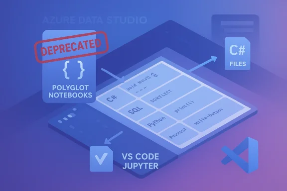 Azure Data Studio marks Polyglot Notebooks as deprecated, showing C#, SQL, Python, and VS Code/Jupyter.