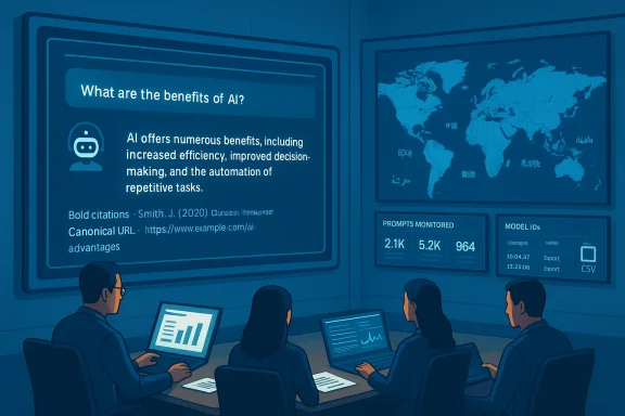 Team of professionals reviews AI benefits and global data on large, blue-toned screens.