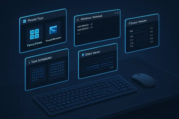 Blue holographic tiles of Windows utilities hover above a keyboard.
