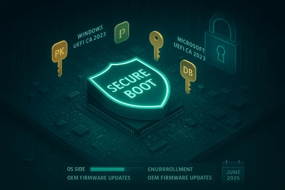Glowing Secure Boot shield atop a motherboard, flanked by PK/DB keys and a padlock, symbolizing firmware security.