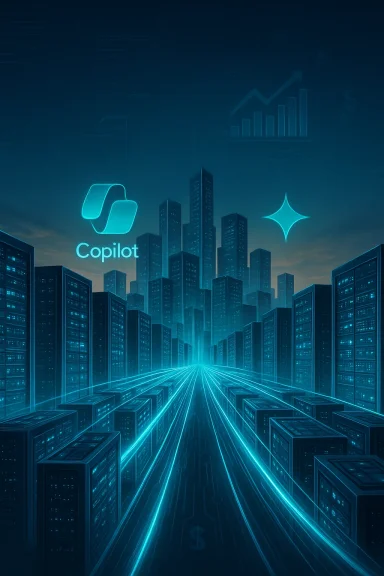 Neon blue cityscape of data centers with a glowing Copilot logo.