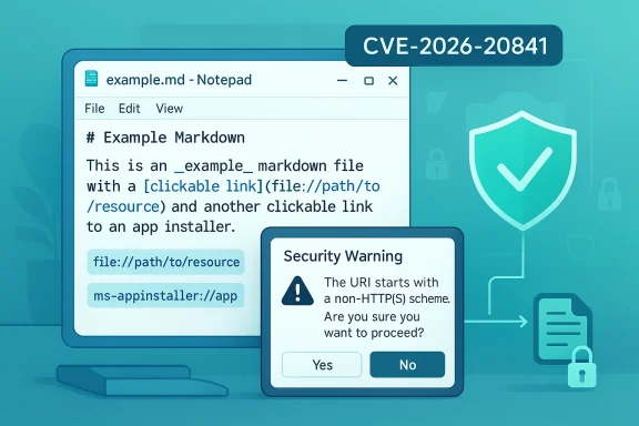 A computer screen shows a Notepad-style Markdown file with clickable links and a security warning about CVE-2026-20841. A computer screen shows a Notepad-style Markdown file with clickable links and a security warning about CVE-2026-20841.
