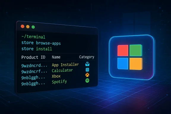 Neon terminal shows commands to install apps next to a glowing four-tile app icon.