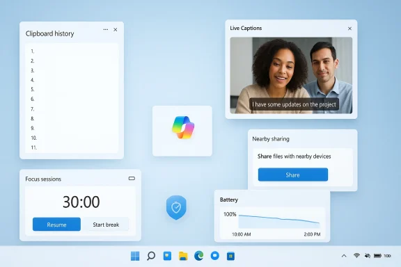 Windows 11-style widgets float on a blue desktop: clipboard history, live captions, focus sessions, sharing.