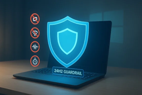 A laptop projects a glowing blue shield and 24H2 GUARDRAIL for cybersecurity. A laptop projects a glowing blue shield and 24H2 GUARDRAIL for cybersecurity.