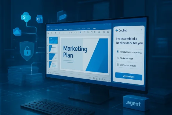 Desktop monitor displays a Marketing Plan slide with Copilot offering a 10-slide deck. Desktop monitor displays a Marketing Plan slide with Copilot offering a 10-slide deck.
