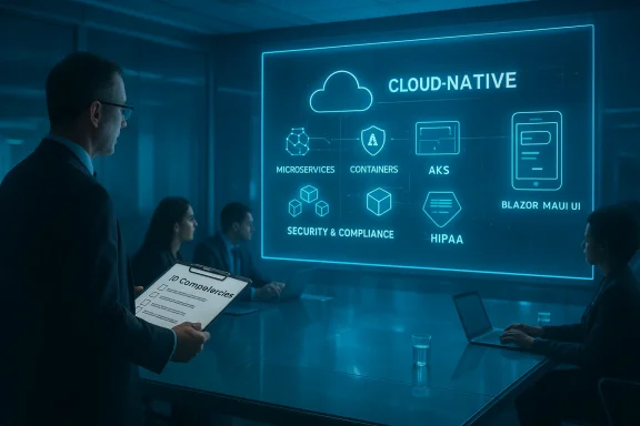 A team in a conference room reviews cloud-native tech on a blue holographic display.