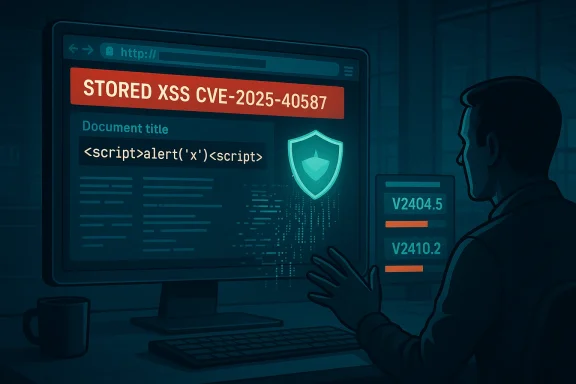 Security analyst monitors a stored XSS alert (CVE-2025-40587) on a large monitor.
