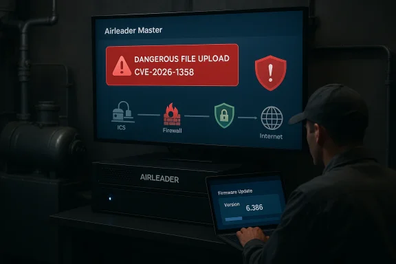 Security operator monitors a dangerous file upload alert (CVE-2026-1358) on an industrial control system.