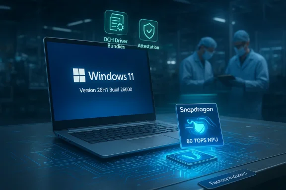 Windows 11 on a laptop with a Snapdragon 80 TOPS NPU in a futuristic lab.