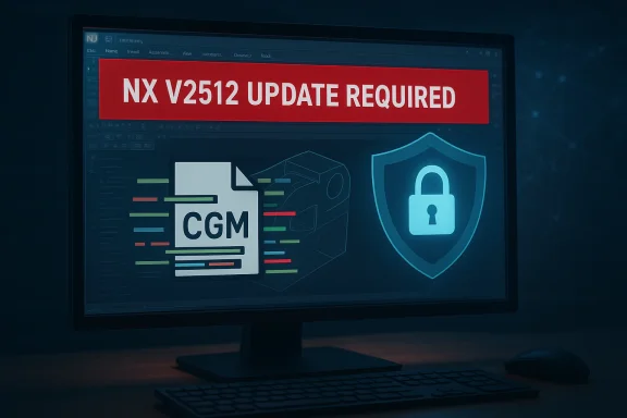Computer monitor displays “NX V2512 UPDATE REQUIRED” with a CGM document and a security shield icon.
