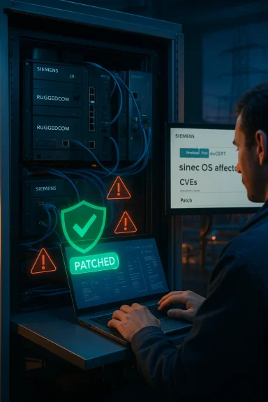 A technician works at a server rack, with a laptop showing “PATCHED” amid warning icons.