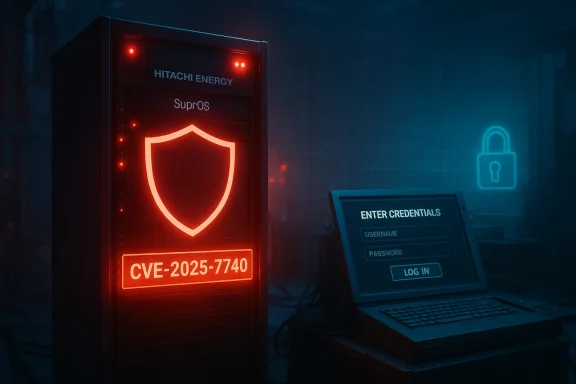A red-glowing server displays CVE-2025-7740 as a laptop prompts for credentials in a cyber security lab.
