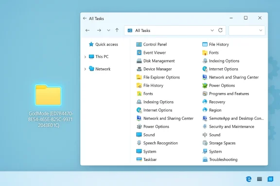 Windows desktop showing a GodMode folder and an All Tasks window with Control Panel items.