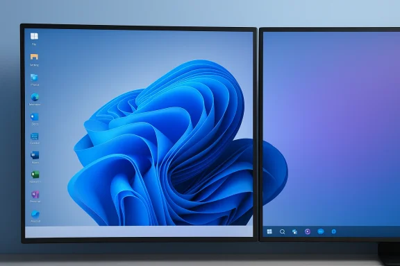 Dual monitors display Windows desktop with a blue, abstract wallpaper.