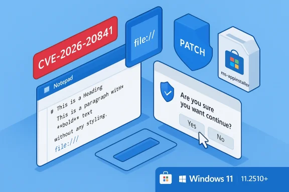 Windows 11 security illustration showing CVE warning, Notepad code, patch shield, and app installer.