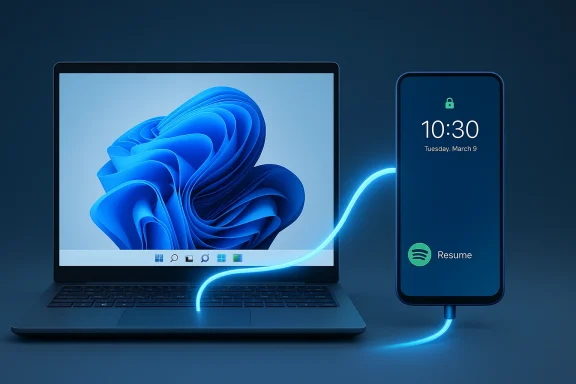 A laptop and smartphone connected by a glowing blue cable, symbolizing cross-device syncing.