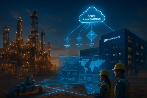 Industrial complex at night with Azure cloud and holographic sovereign region dashboards.