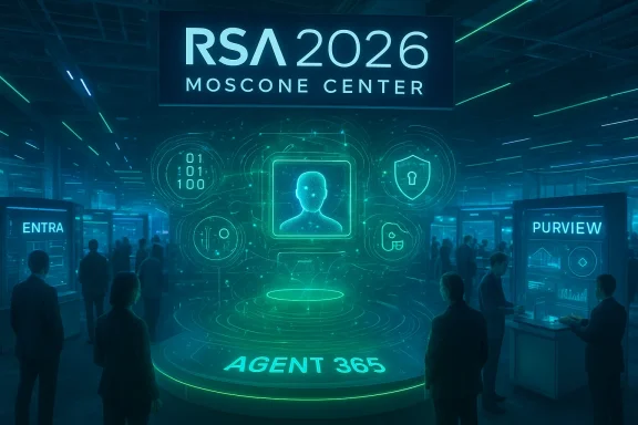 RSA 2026 Moscone Center: a glowing holographic security avatar display draws attendees.