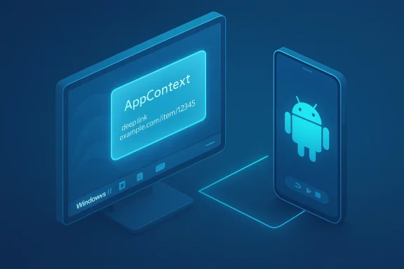 Blue holographic display: monitor shows AppContext while a glowing Android phone stands nearby.