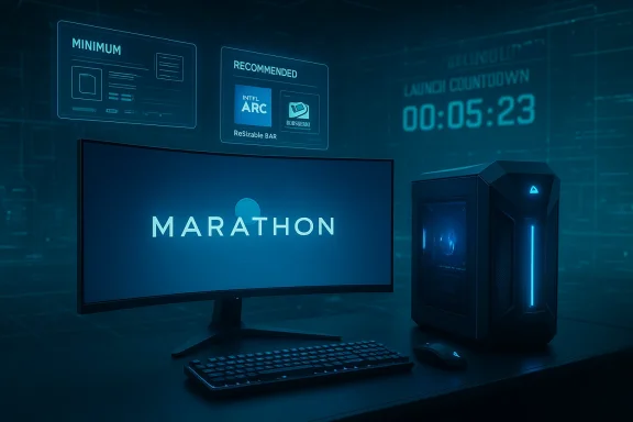 Blue-toned futuristic computer setup with 'MARATHON' on the monitor, neon-lit PC tower, and holographic UI panels.