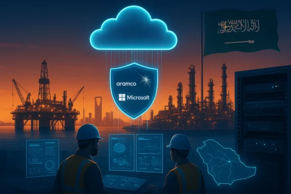 Neon cloud and shield symbolize cloud security for Aramco and Microsoft above an offshore oil rig.
