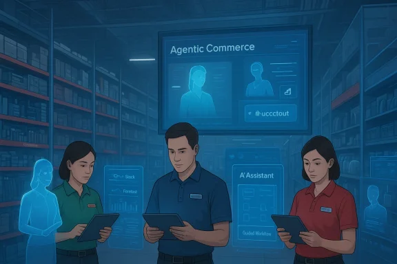 Three workers in a high-tech warehouse study holographic screens and tablets.