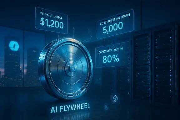 A giant metallic AI flywheel in a data center, surrounded by holographic blue metrics.