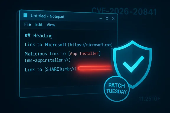 Notepad window shows a malicious link with a shield icon and Patch Tuesday badge.