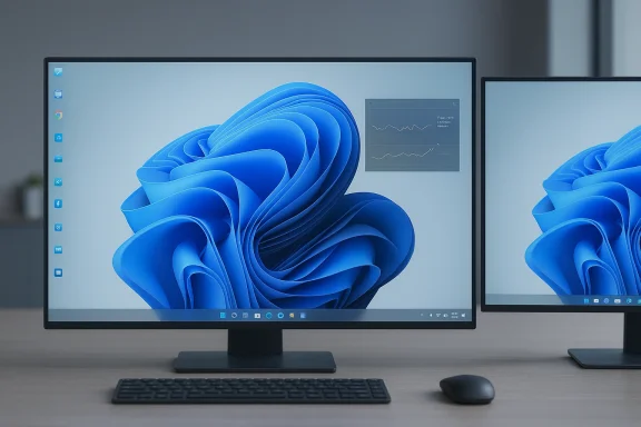 Sleek dual-monitor setup on a desk with keyboard and mouse, displaying a blue abstract wallpaper.