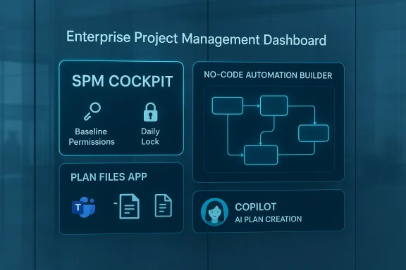 Enterprise Project Management Dashboard showcasing SPM Cockpit, No-Code Automation, Plan Files App, and Copilot AI.