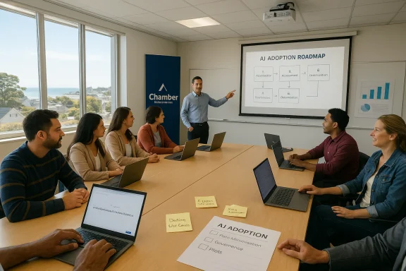 A presenter leads a team meeting about the AJ Adoption Roadmap.
