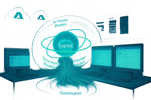 Futuristic data lab with a glowing Copilot orb linking in-house, frontier, and third-party models.
