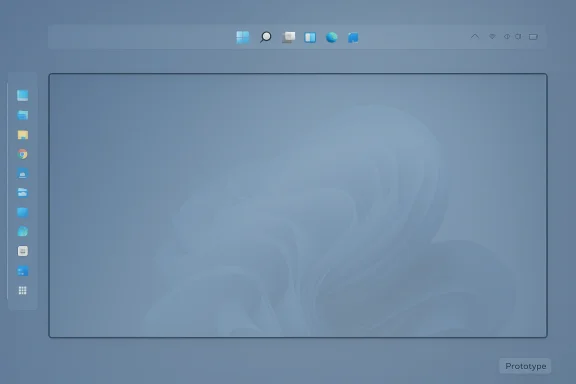 Blue-tinted UI prototype showing a large central display, a vertical left dock, and a top toolbar.