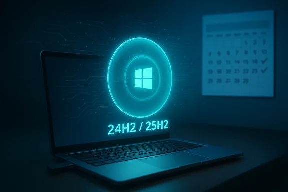 Glowing holographic Windows logo projected from a laptop, showing 24H2 / 25H2 updates.