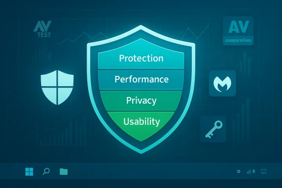 A teal shield diagram highlighting Protection, Performance, Privacy, and Usability.