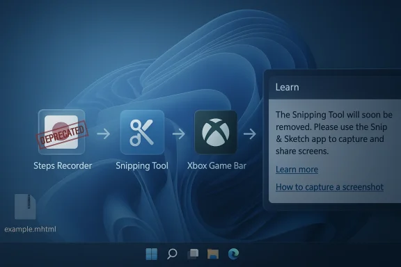 Windows desktop showing deprecated Steps Recorder, Snipping Tool, Xbox Game Bar, and a Learn panel.