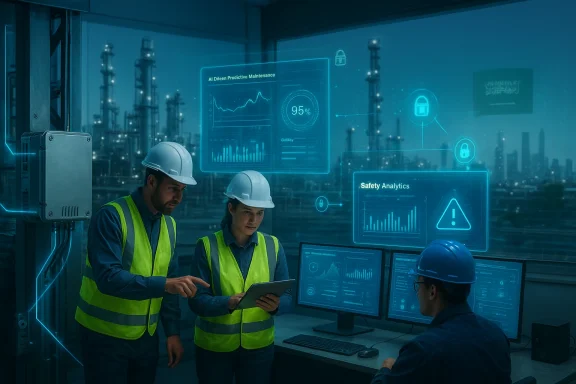 Three workers in hard hats and high-visibility vests monitor holographic analytics in a control room.