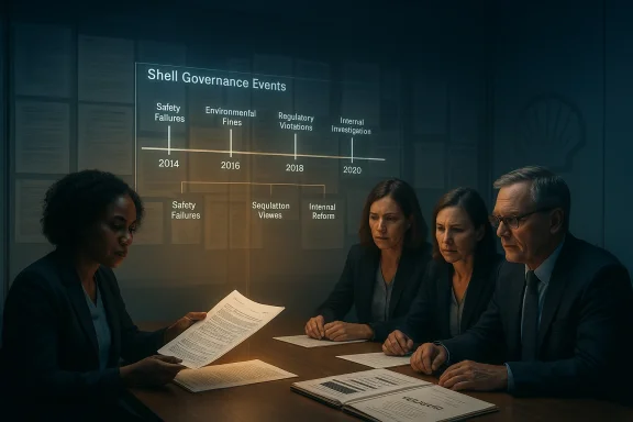 Executives review a Shell governance events timeline projected on a glass wall.