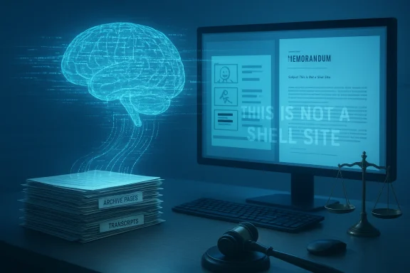 A glowing holographic brain rises from archive pages on a desk beside a computer monitor and scales.