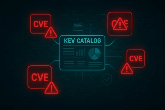 Neon cyber graphic showing KEV Catalog at center, linked to red CVE warnings.