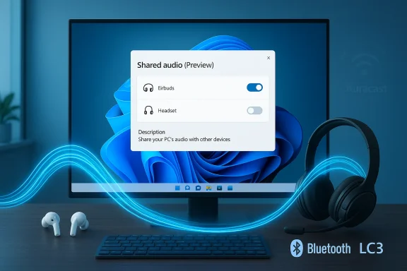 A PC monitor shows a Shared audio (Preview) dialog with Earbuds enabled and glowing Bluetooth waves.
